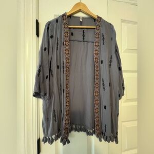 Exhilaration Embroidered Gray Kimono Cardigan Duster Swimsuit Cover XL/XXL
